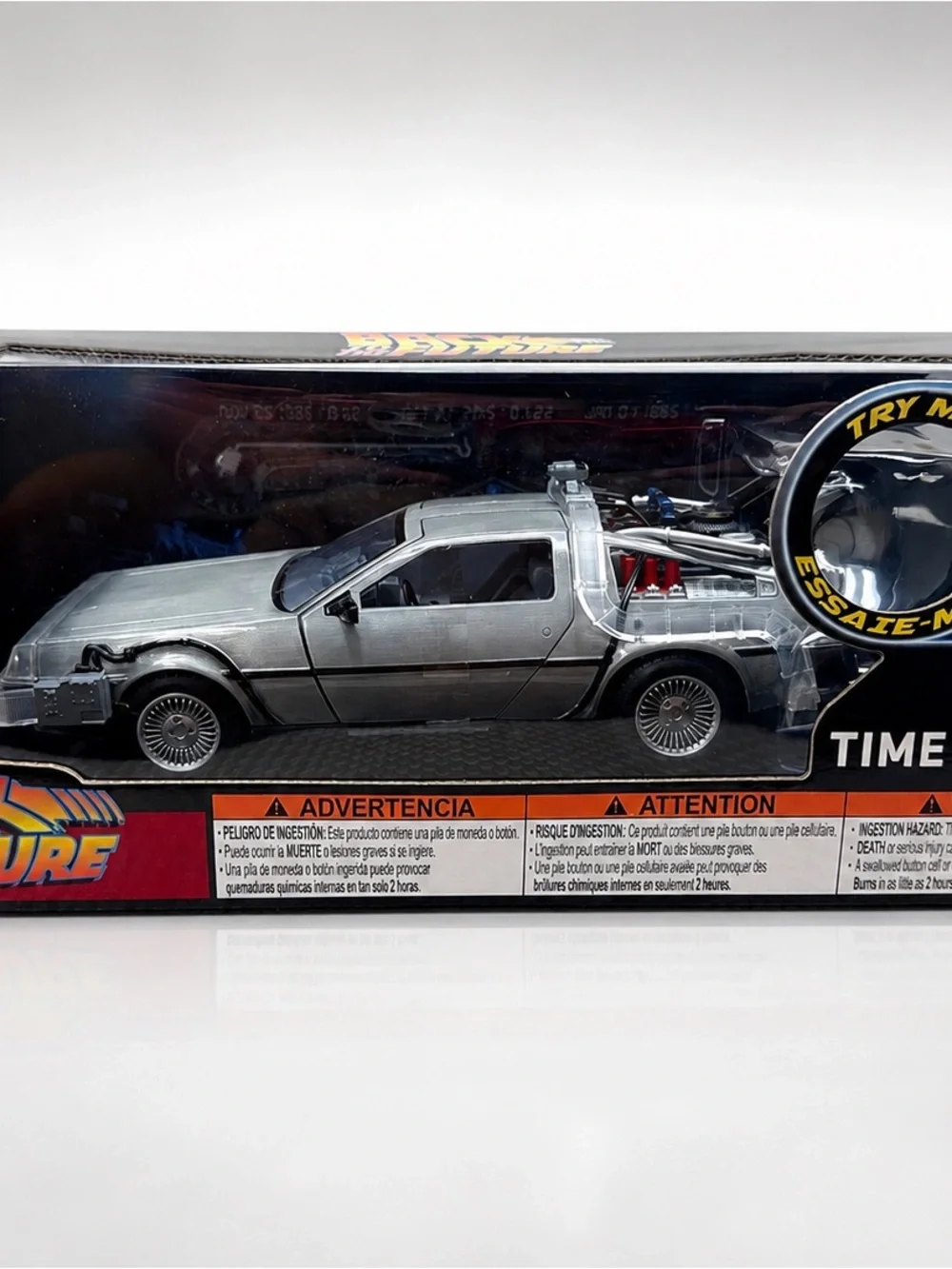 Die-Cast Silver Time Machine Toy Car with Blue LED Lights
